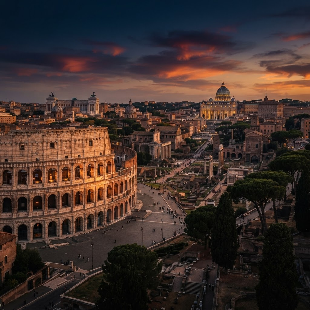 Vista panorámica de Roma con el Coliseo al atardecer